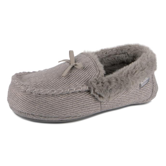 Isotoner® Ladies Herringbone Moccasin Slipper With Fur Cuff Grey Extra Image 2